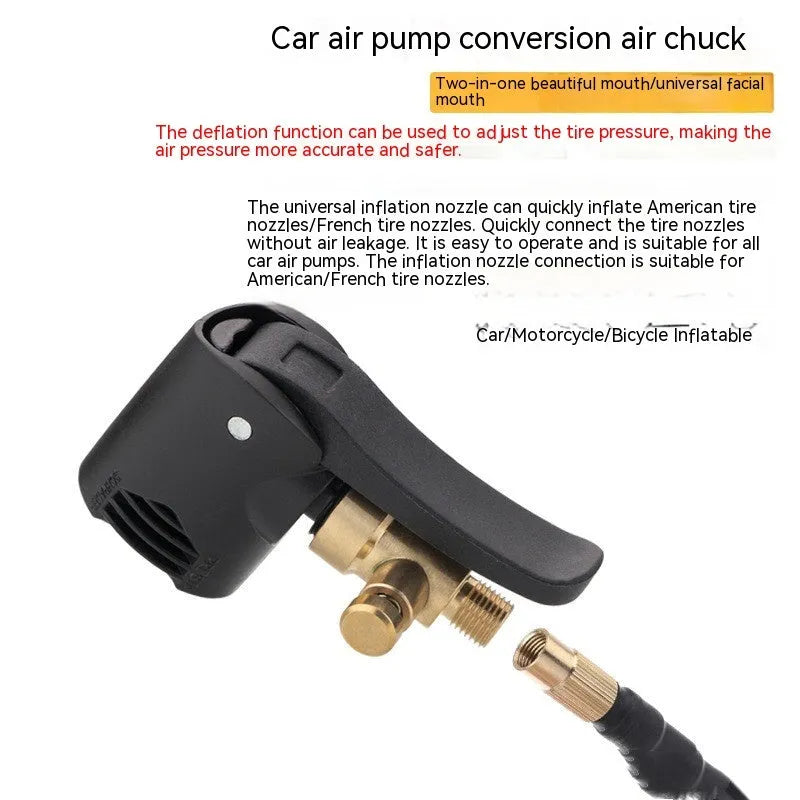 Two-in-one air compressor nozzle with two 16cm chuck connectors for vehicle tyre inflation