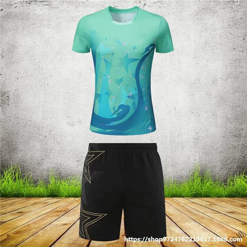Badminton competition sportswear set in blue and purple colours with short-sleeved top and trousers