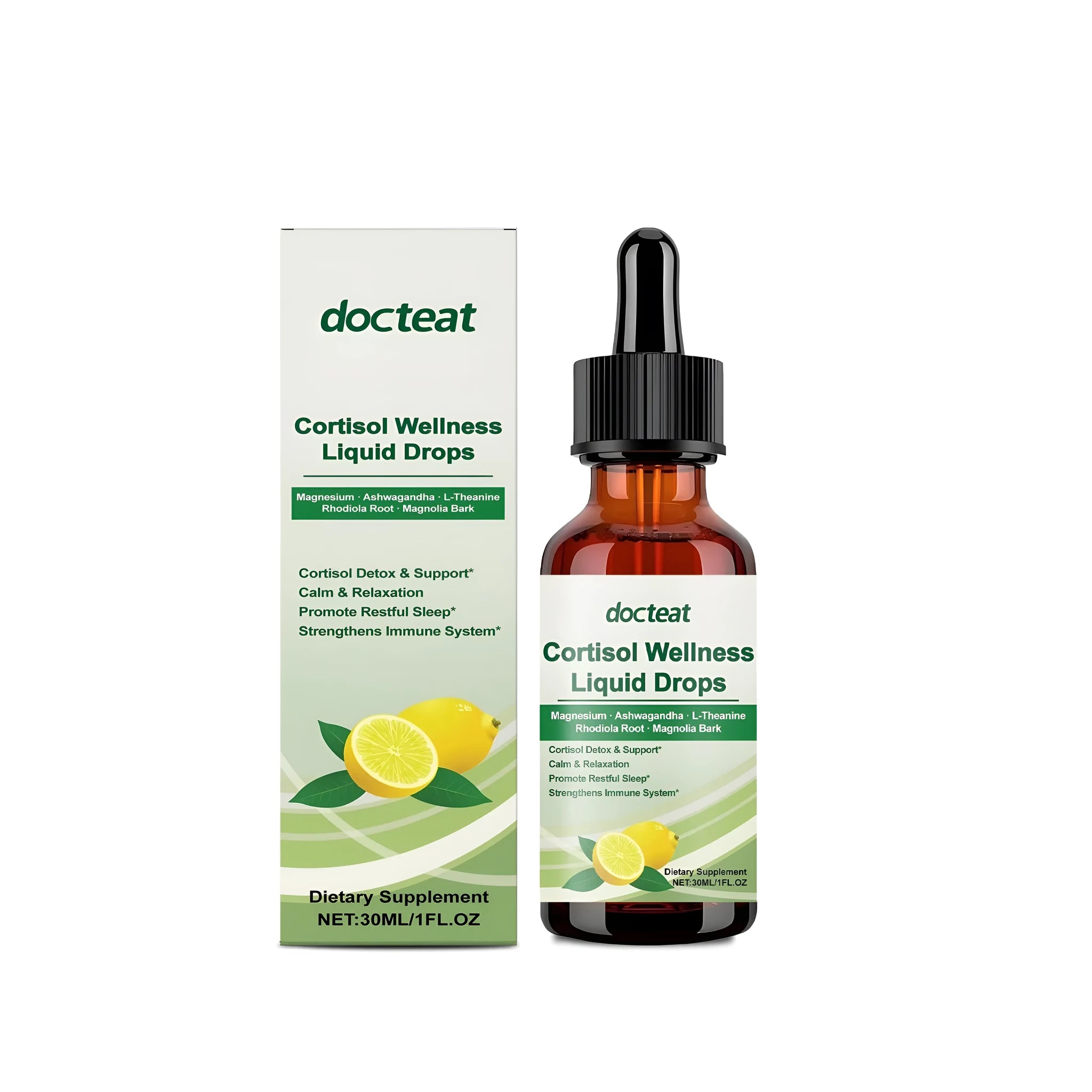 30ml glass bottle of traditional Chinese medicine and L-theanine supplement drops with a dropper.