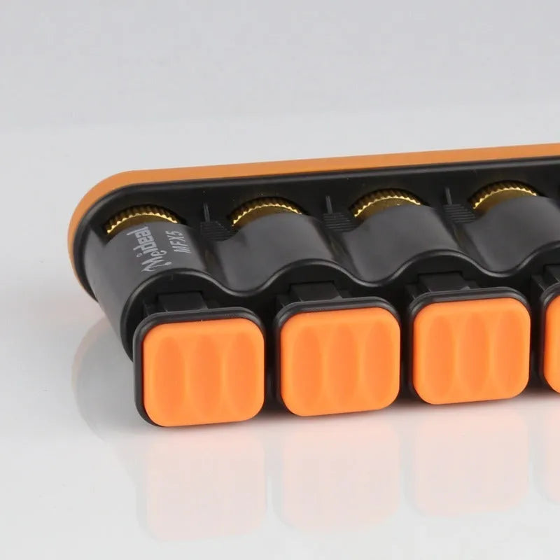 Grey and orange non-slip silicone finger trainer for musician hand strength development.