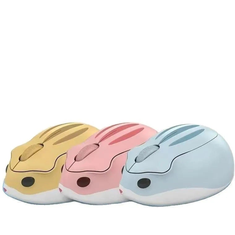 Hamster Wireless Mute Mouse in yellow, pink, and gray colour options, showing its compact size.