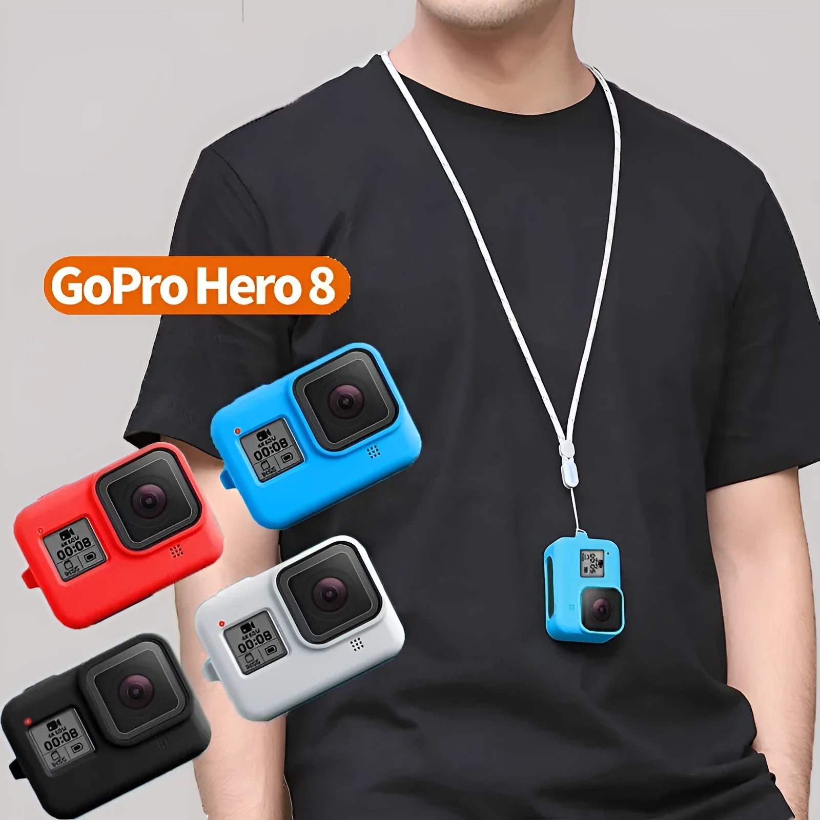 Blue silicone protective sleeve and wrist strap for GoPro Hero8 Black action camera