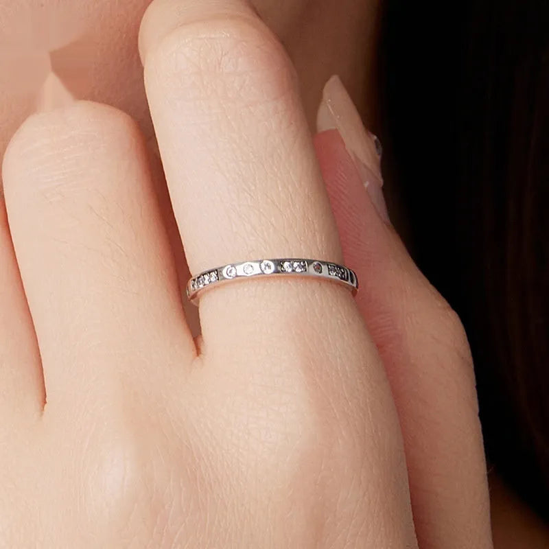 Oxidised black alloy fashion ring with Moss Password I Love You design, shown in sizes 6, 7, 8.