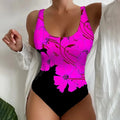 Women's tight one-piece swimsuit with 3D printed pattern in orange red, blue, or purple.
