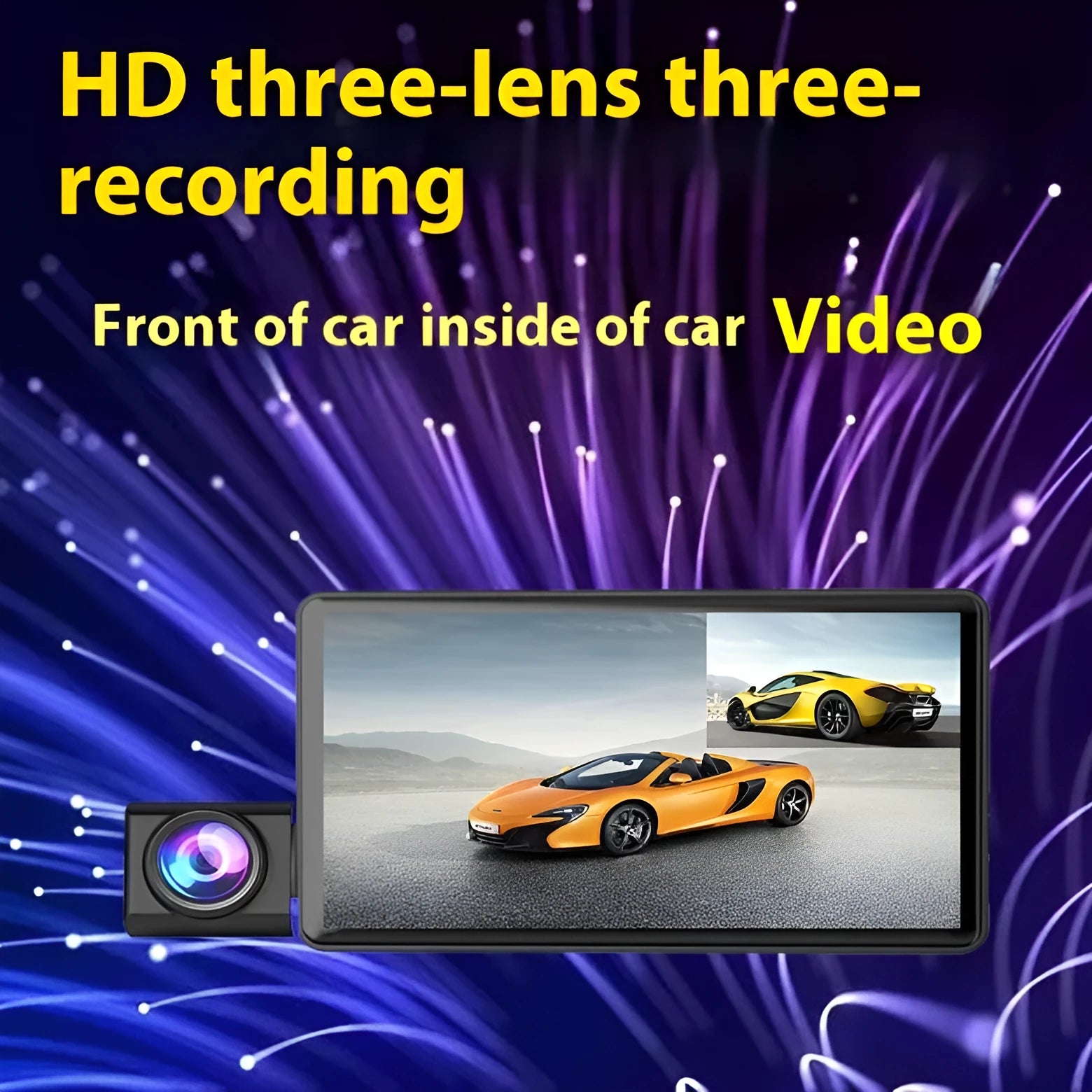 Three lens dashcam with 4 inch touch screen showing front rear and interior recording angles black plastic