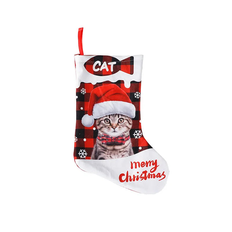 American style cloth Christmas decoration with plaid printed puppy and cat designs, size 26x36cm.