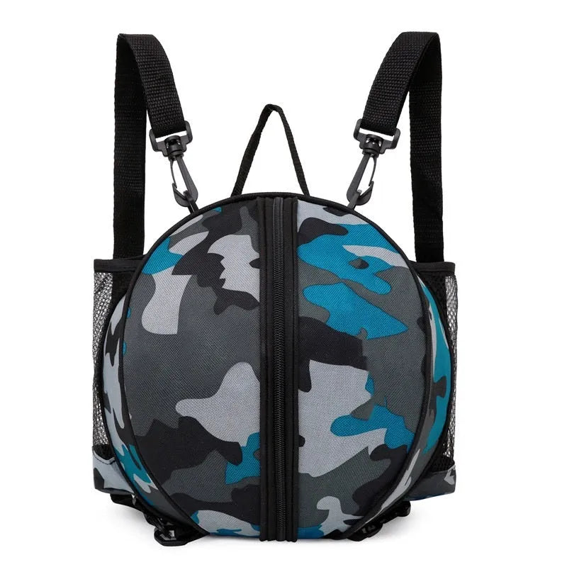 Black Oxford cloth basketball bag with one shoulder strap, shown next to a basketball.