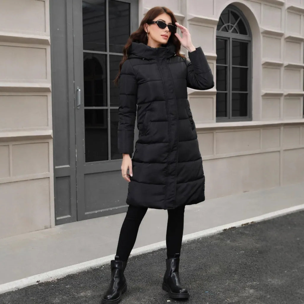Black slim fit hooded long cotton jacket with cold-resistant construction and regular sleeves