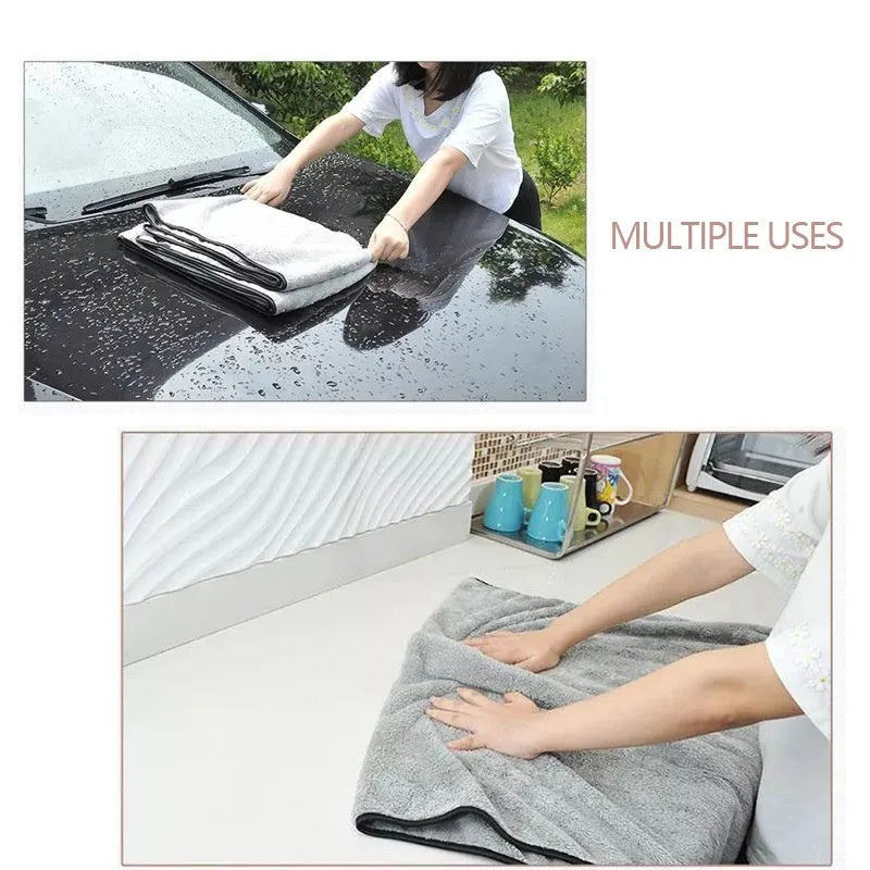 Three size options of a blue microfiber car wash and drying towel laid flat.