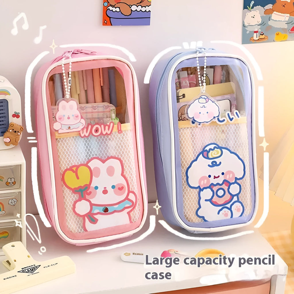 Transparent PVC pencil case with cartoon design options including caramel bear, pink floral rabbit, and water blue happy dog patterns