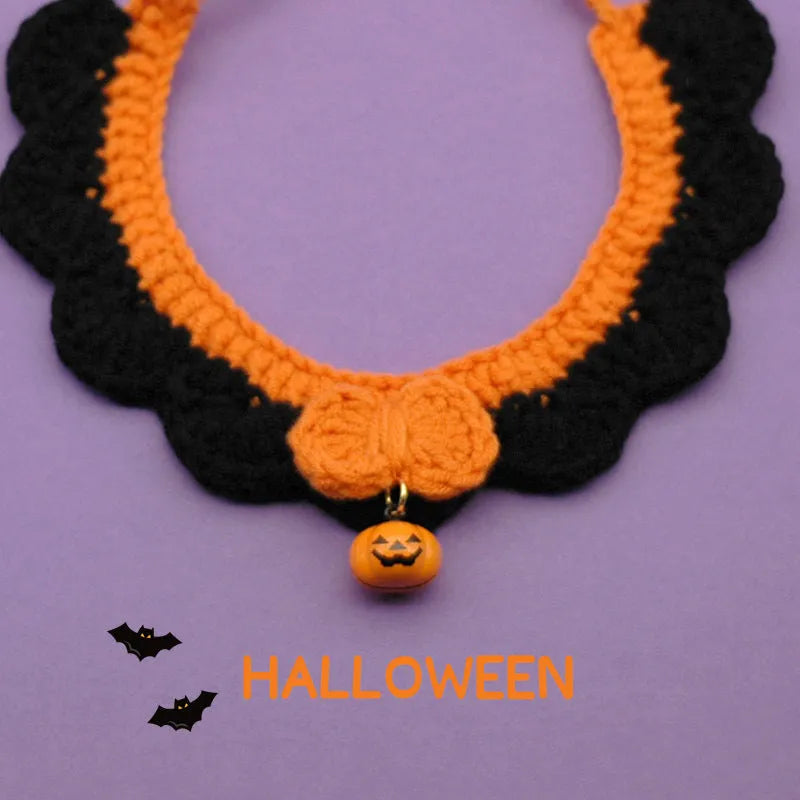 Hand crocheted wool Halloween pet collar with pumpkin design and bell in adjustable sizes for cats and dogs
