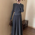 Dark grey ethnic style knitted dress suit with 3D pattern and collage stitching, two-piece set with sweater and skirt