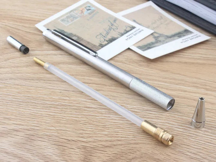Metal automatic mechanical pencil showing five available lead diameter options from 0.5mm to 2.0mm