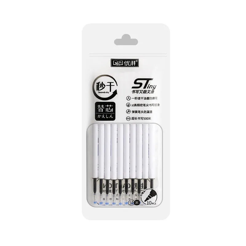 A 10-bag pack of quick-drying push bullet pen refills in black, blue, ink blue, and red colours.