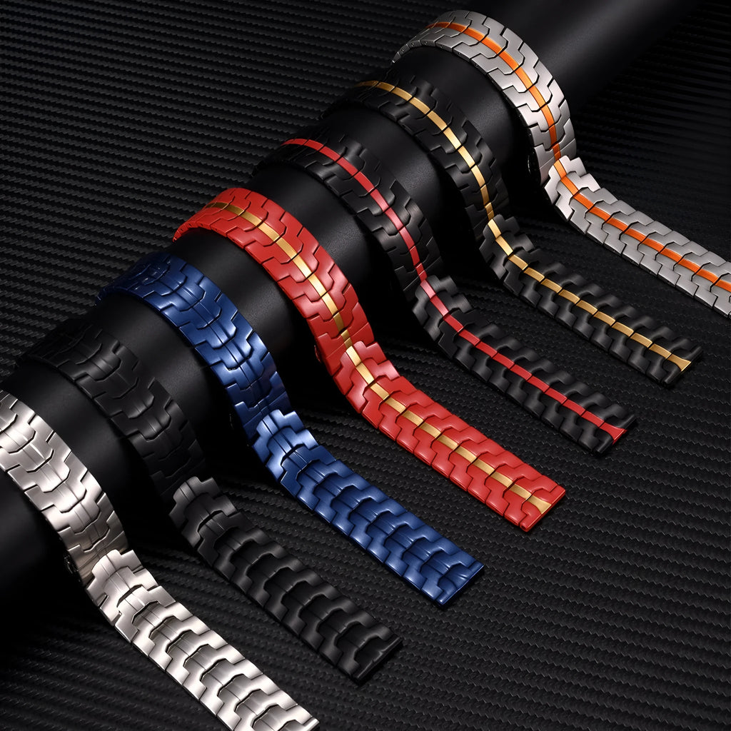 Stainless steel watch strap for Samsung Galaxy Watch in silver and black colour options.