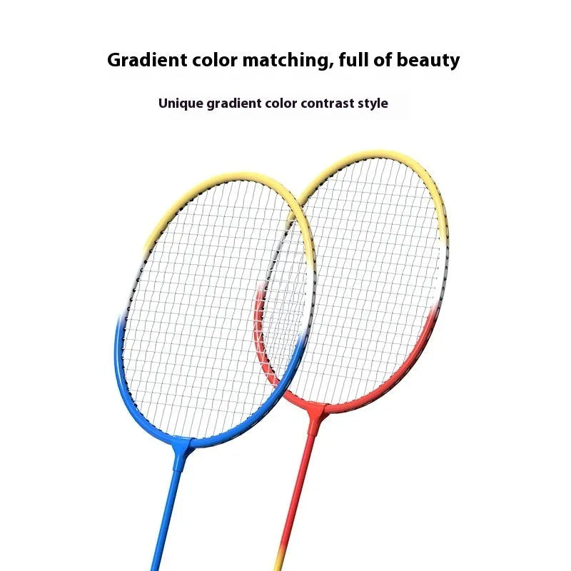 Blue and red alloy split-frame badminton and tennis racket set showing detachable design