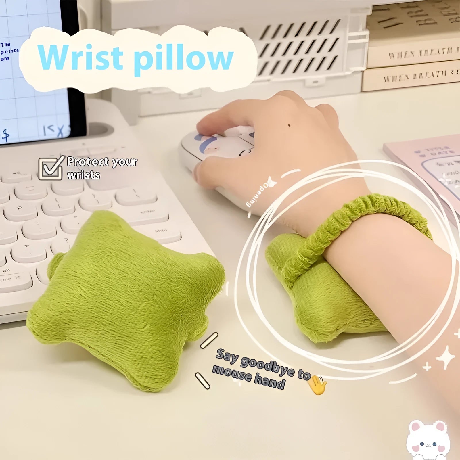 Polyester plush wrist protector mouse pad in blue, green, or pink colour options