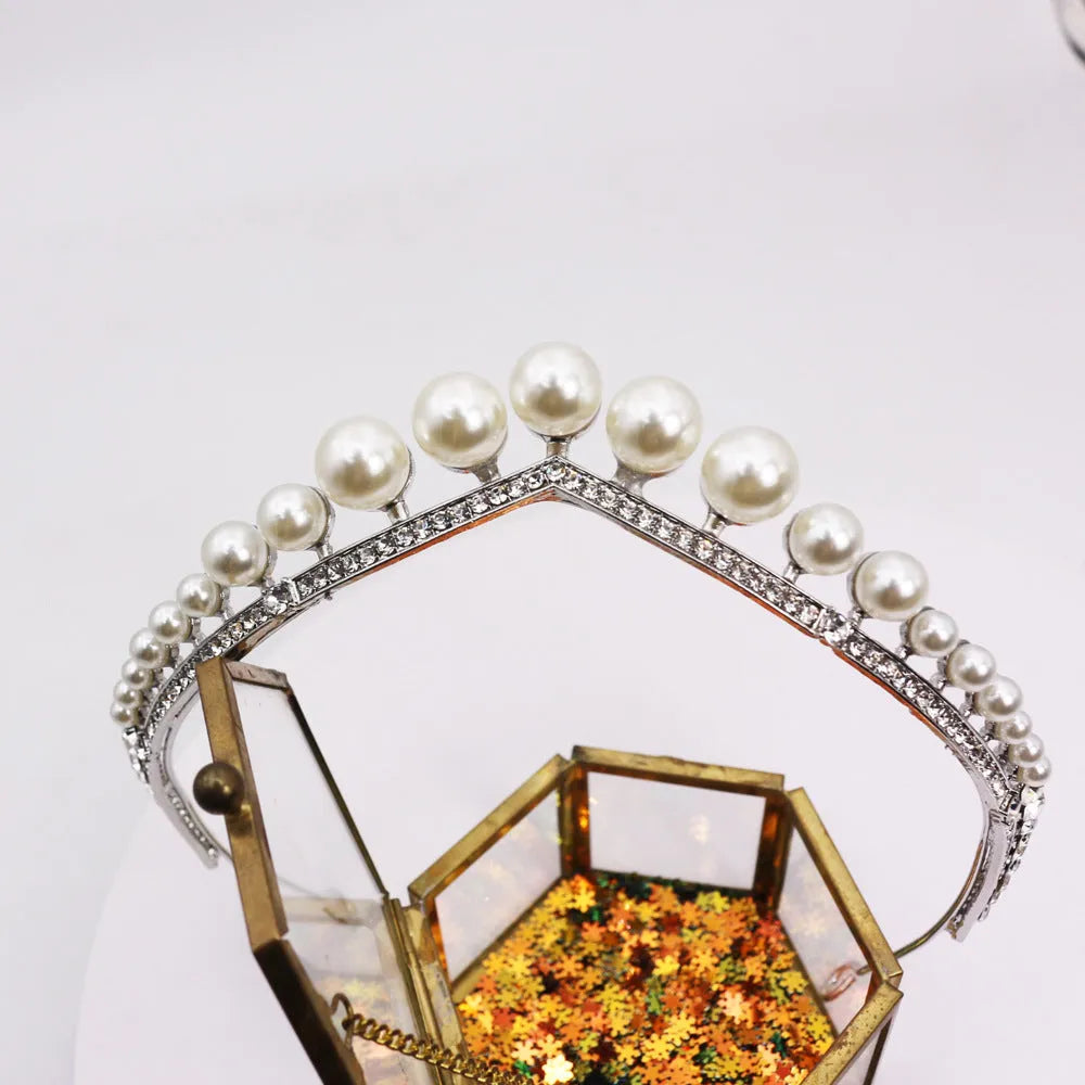 Silver alloy wedding crown with pearl decoration, 13 cm diameter, 3 cm height