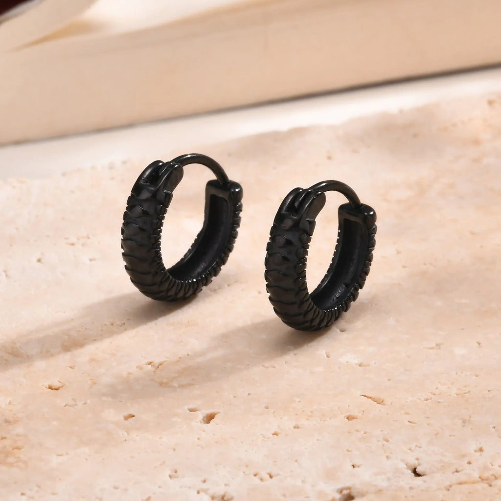 Stainless steel men's earrings with snake pattern design in black and gold colour options