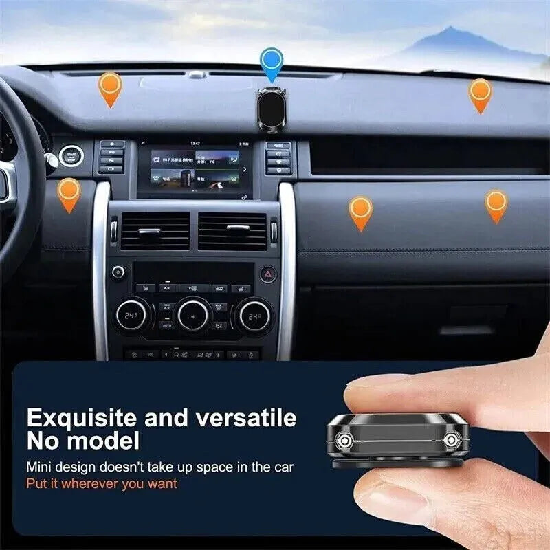 Chrome alloy folding magnetic car phone holder showing extended and folded positions on dashboard