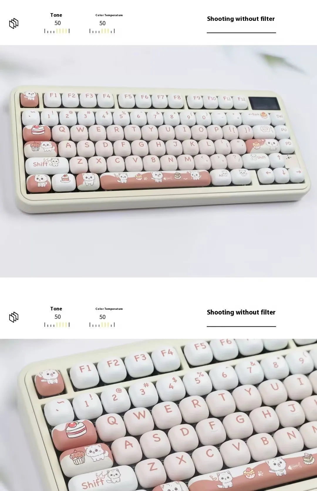 Dessert Cat cartoon themed MOG round key cap set for mechanical keyboards on a white background.