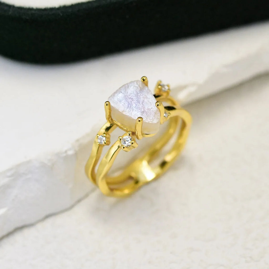 S925 silver irregular triangle moonstone ring in geometric design with electroplated finish