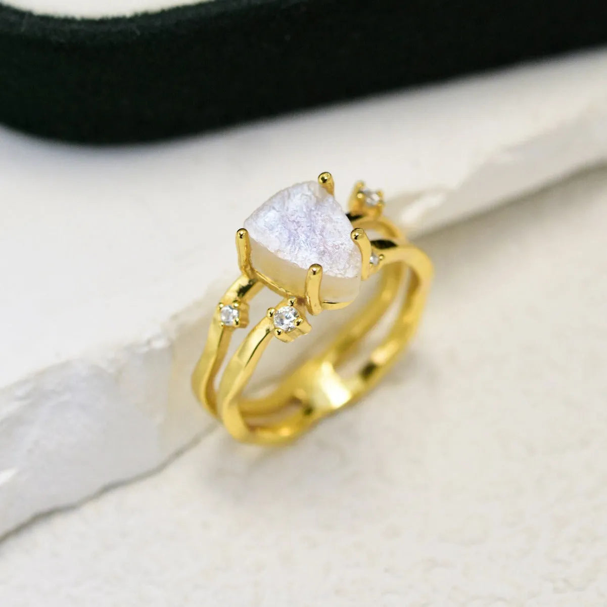 S925 silver irregular triangle moonstone ring in geometric design with electroplated finish