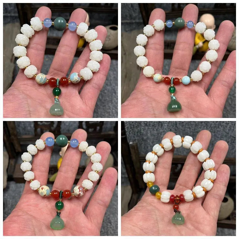 Carved pumpkin lotus Bodhi root bracelet with white jade beads and multiple dimensions