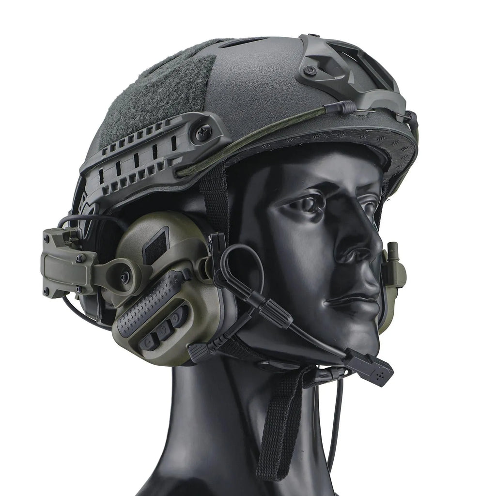 Tactical helmet style noise cancelling headphones with ABS Nylon construction and U-174 plug in black colour