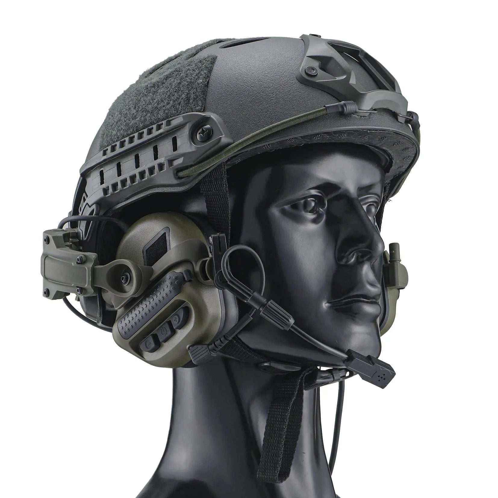 Tactical helmet style noise cancelling headphones with ABS Nylon construction and U-174 plug in black colour