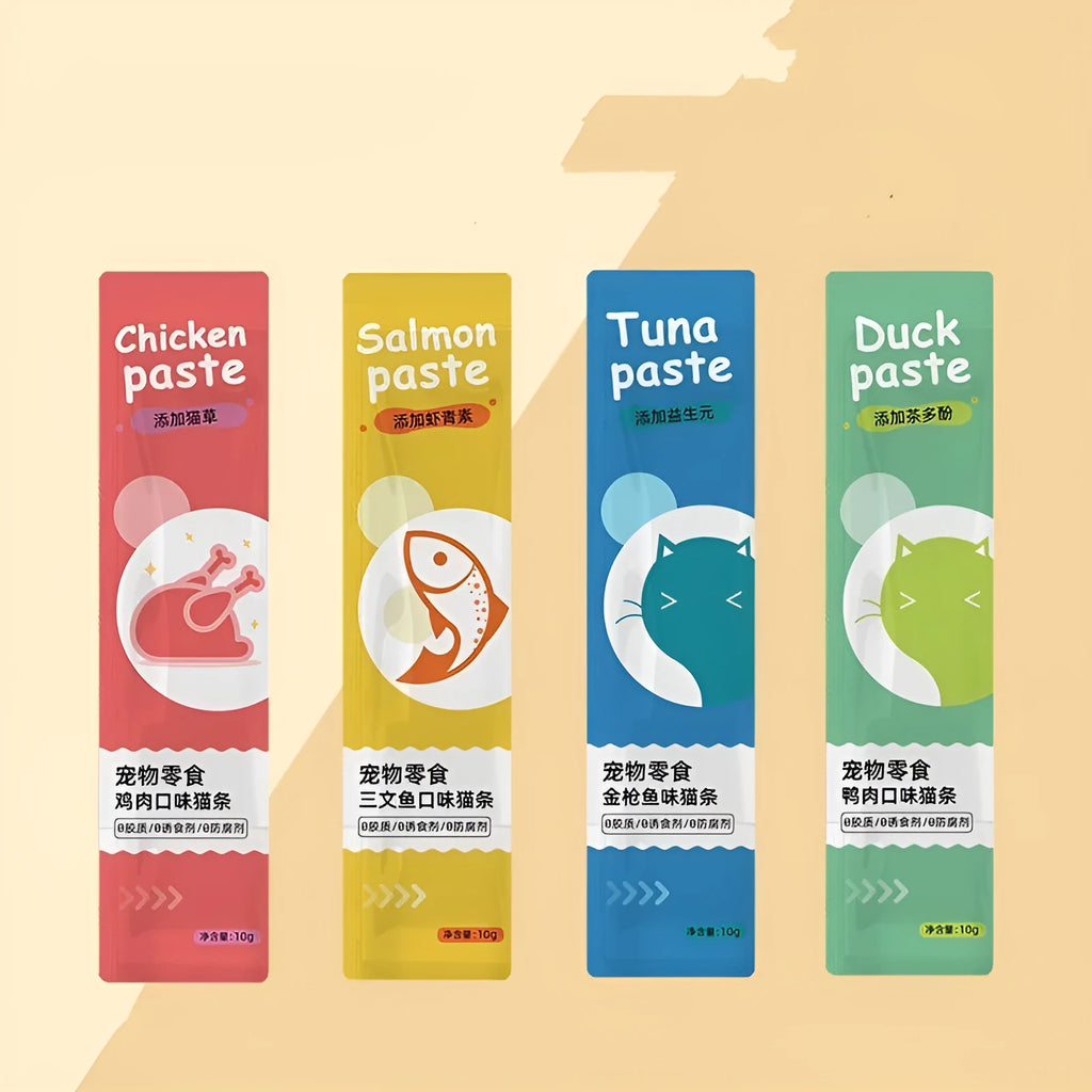 Pack of 10 mixed flavour cat snack strips showing four varieties suitable for kittens and adult cats