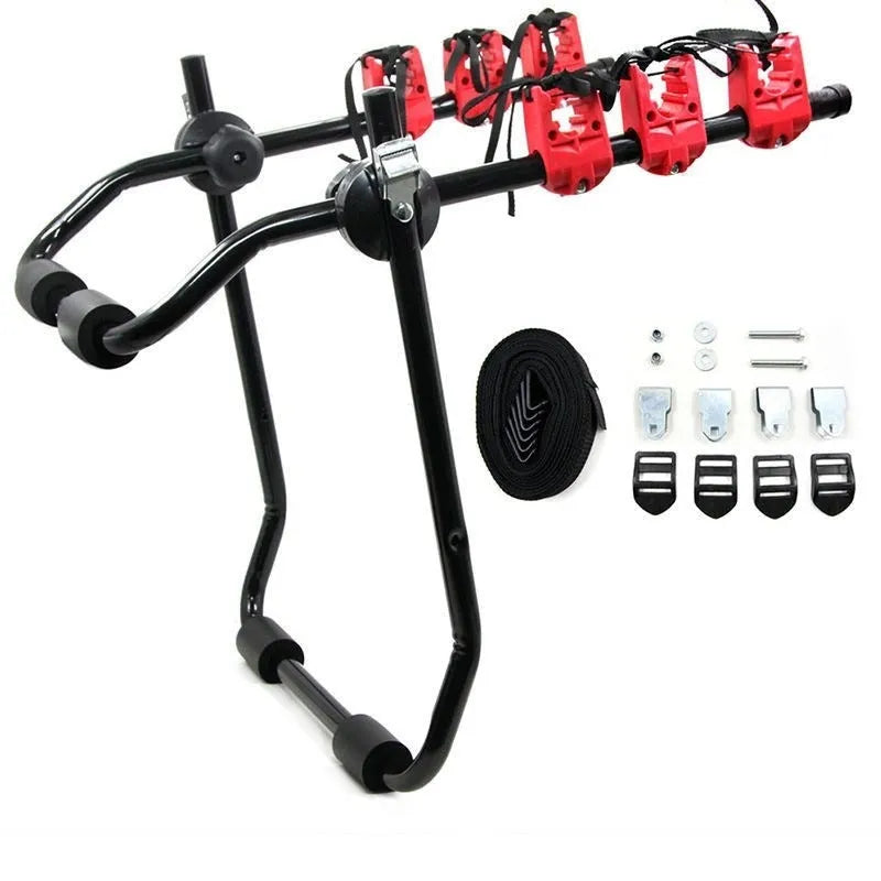 Black and red trunk-mounted car bike holder rack showing tie rope and pull belt fastening options