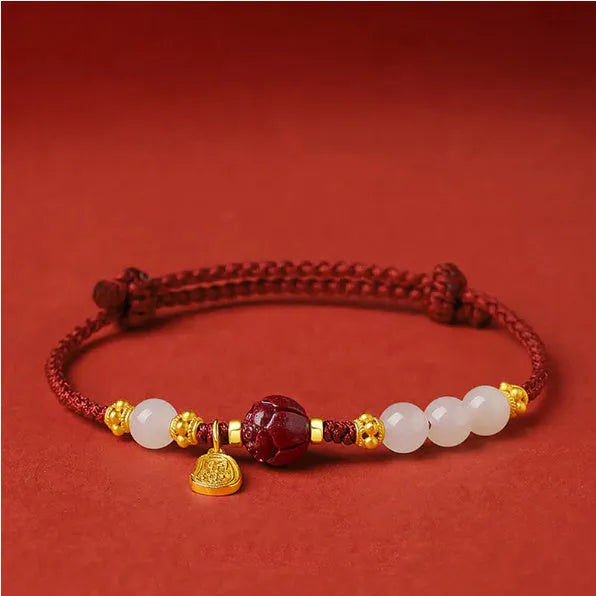 Hetian jade and cinnabar red rope women's bracelet with adjustable 925 silver chain