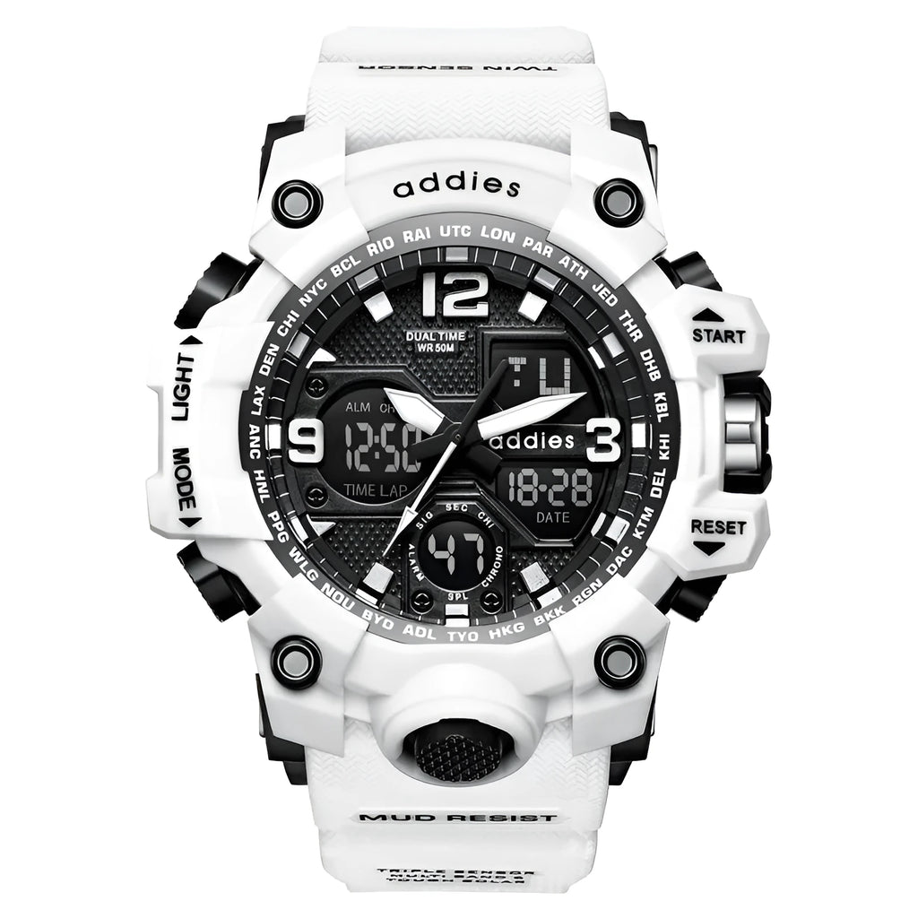 Men's white and black dual display electronic sports watch with plastic strap on wrist