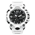 Men's white and black dual display electronic sports watch with plastic strap on wrist