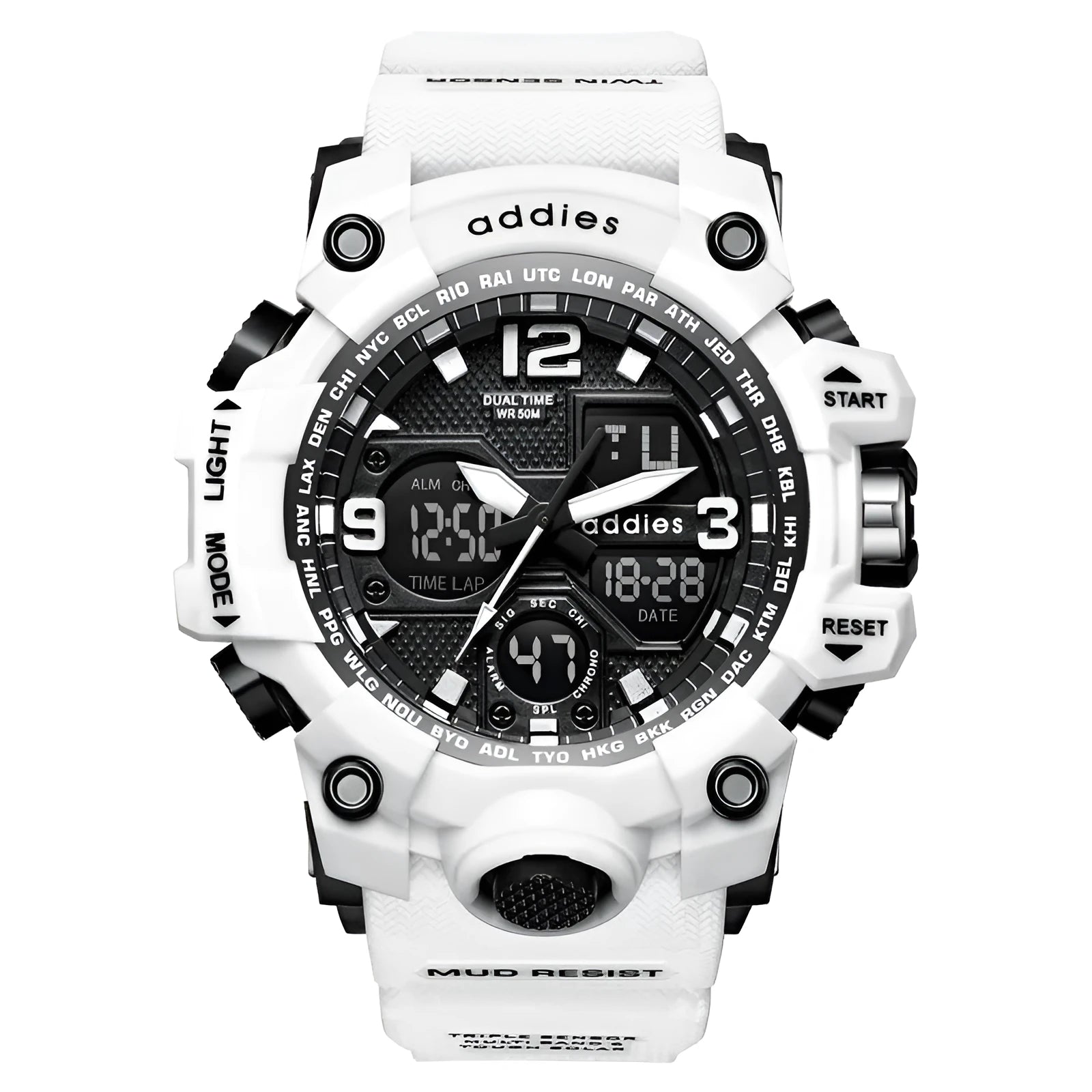 Men's white and black dual display electronic sports watch with plastic strap on wrist