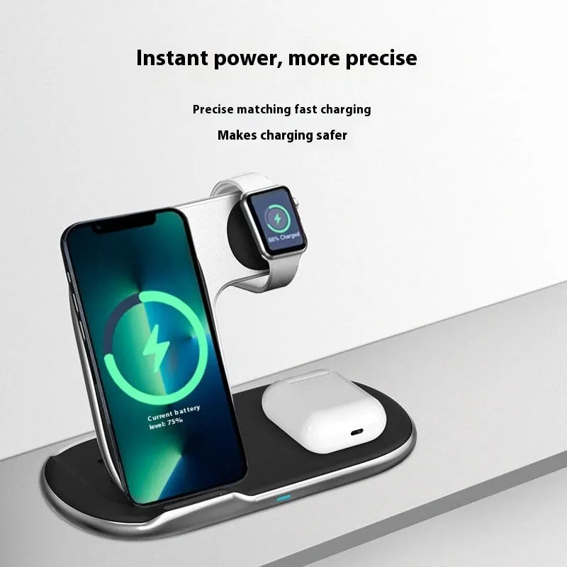 Foldable 3-in-1 magnetic wireless charger 15W in black on a desk
