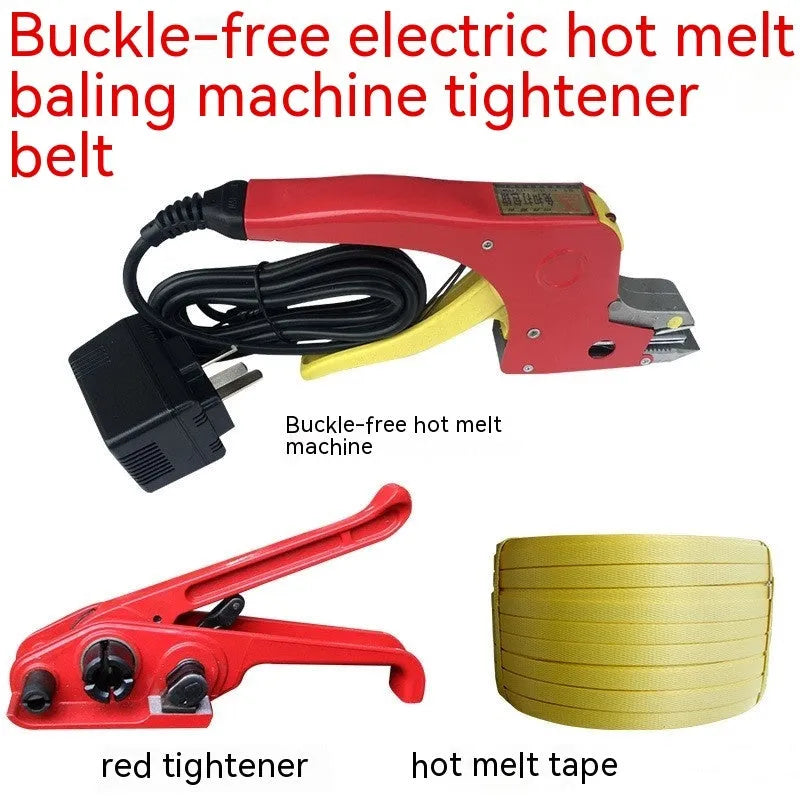 Electric hot melt packing machine with plastic steel tightener and yellow packaging tape for buckle-free strapping