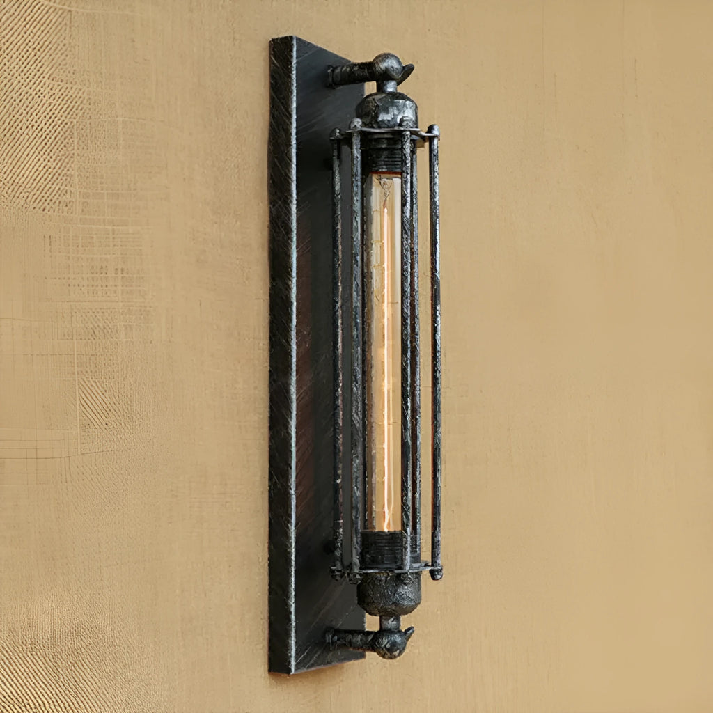 Industrial retro iron wall lamp in metallic finish with 110mm by 470mm dimensions