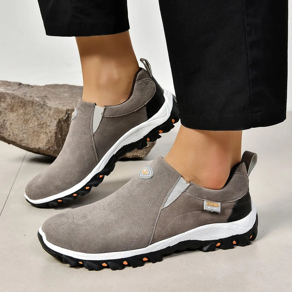 Men's grey thin slip-on oversleeve shoes with round toe and rubber sole