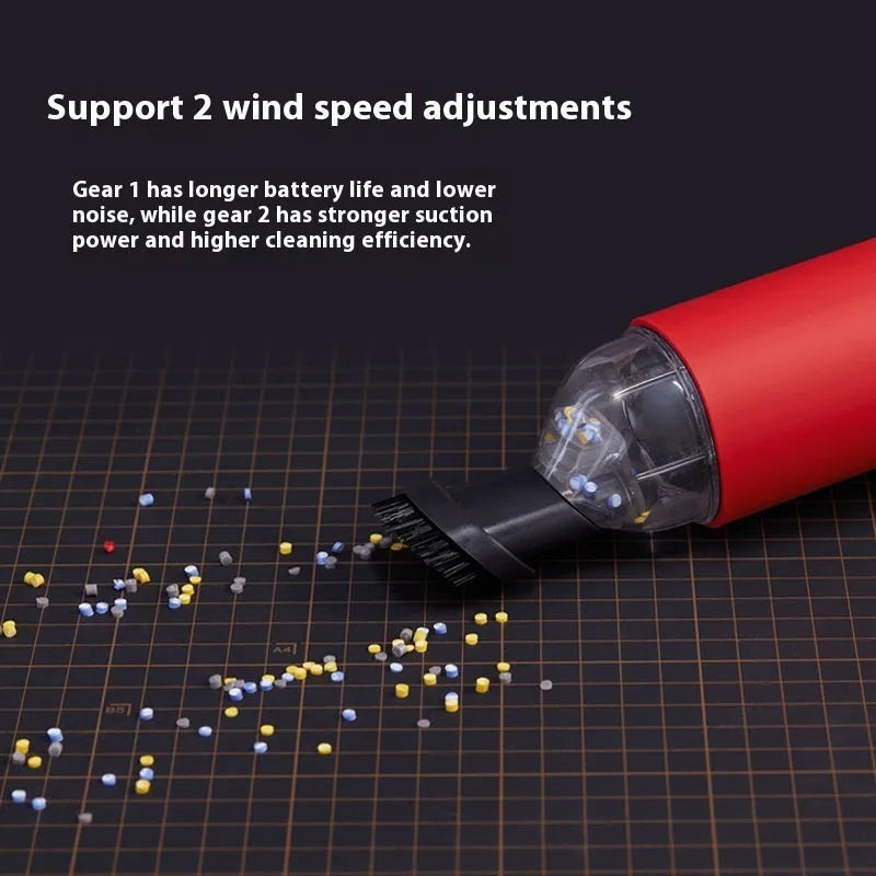 Portable desktop nozzle dust and debris cleaner handheld vacuum on desk surface