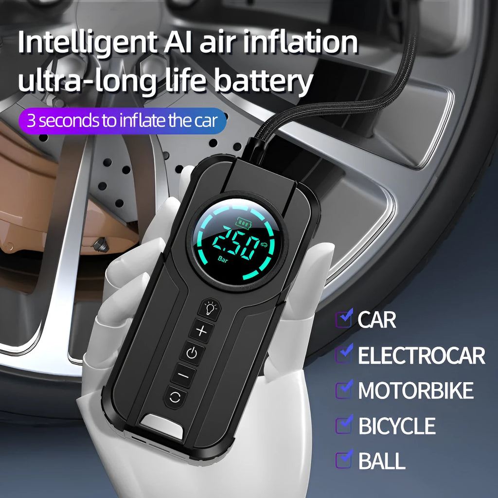 Wireless portable vehicle air pump with 6000mAh battery, conversion heads, and carry bag