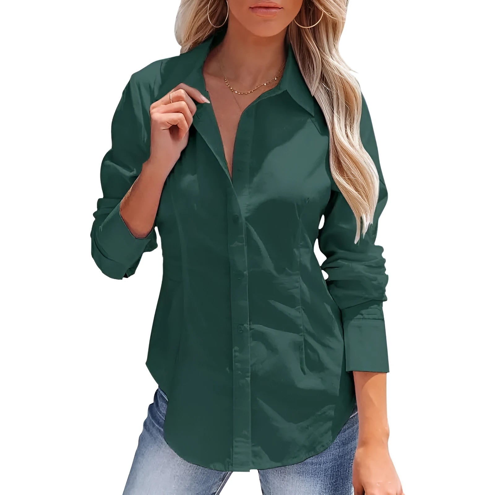 Women's dark green long sleeve button-down shirt solid colour for office commute