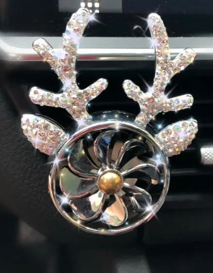 Car aromatherapy ornament with diamond-encrusted antler design made of alloy and rhinestone in white and pink for vehicle interior