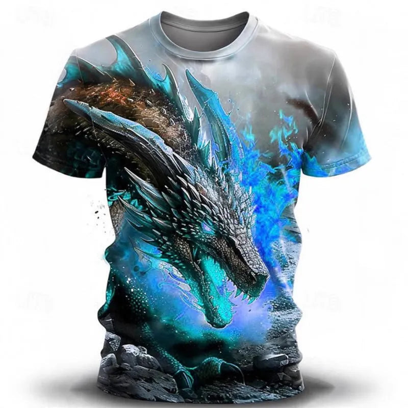 Men's black T-shirt with detailed 3D wind dragon print design on front, short sleeves, thin fabric
