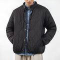 Men's black diamond lattice quilted winter jacket with extended length and loose fit
