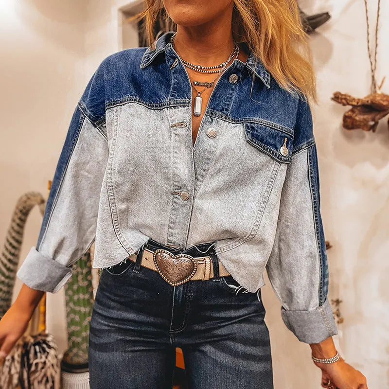 Women's loose fit denim coat with multi-buckle front fastening in casual style