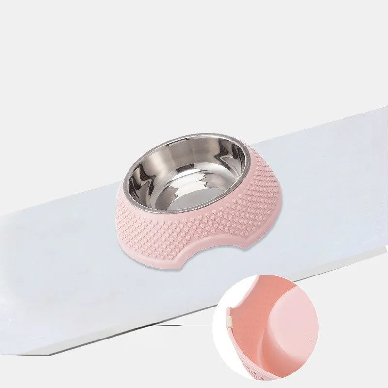 Stainless steel pet bowl with non-slip base in blue, green, or pink colours