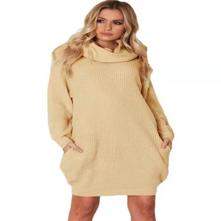 A yellow acrylic fibre pullover sweater with a lapel neckline, side pockets, and a mid-length slimming fit.