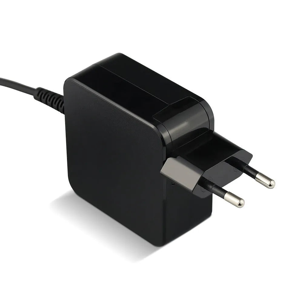 Black 45W laptop power adapter with US and EU plug options, showing compact size